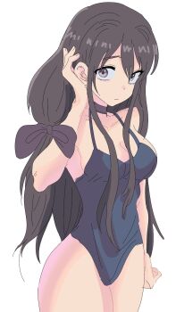 1girl black_choker black_hair bow breasts choker cleavage closed_mouth cowboy_shot hair_between_eyes hair_bow highres long_hair looking_at_viewer medium_breasts original ribbon solo striped_background very_long_hair woomikon