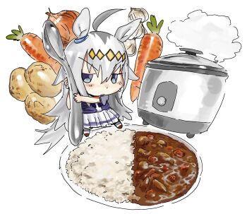 Rule 34 | 1girl, ahoge, animal ears, blue eyes, blush, bow, bowtie, carrot, chibi, closed mouth, curry, ear ornament, food, grey hair, grey tail, hair between eyes, hair ornament, hairband, highres, holding, holding spoon, horse ears, horse girl, horse tail, khentaiu, long hair, multicolored hair, oguri cap (umamusume), onion, pleated skirt, potato, puffy short sleeves, puffy sleeves, purple bow, purple bowtie, purple shirt, rice, rice cooker, sailor collar, school uniform, shirt, short sleeves, skirt, solo, spoon, sweatdrop, tail, tracen school uniform, umamusume, white sailor collar, white skirt