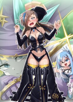 3girls :d @_@ adapted_costume aqua_eyes blue_eyes blue_hair blush blush_stickers bondage_outfit boots breasts brown_hair bustier claw_ring collarbone colored_skin detached_sleeves duel_monster earrings embarrassed giant giantess gloves grey_skin hair_over_one_eye hat highres jewelry medium_breasts multicolored_hair multiple_girls navel nokia_(nm) one_eye_closed open_mouth purple_gloves red_hair rilliona_(yu-gi-oh!) smile streaked_hair thigh_boots thumbs_up two-tone_hair witch_hat witchcrafter_golem_aruru witchcrafter_haine witchcrafter_madame_verre yu-gi-oh!