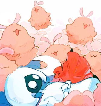 2girls 500_dollar_four_foot_tall_mareep_(meme) 6+others :3 arthropod_girl black_skin blank_eyes cloak colored_skin dress flea_(hollow_knight) hashtag-only_commentary highres hmri_fe holding holding_bug hollow_eyes hollow_knight hollow_knight:_silksong horned_mask hornet_(hollow_knight) horns hug lace_(hollow_knight) lying mask meme multiple_girls multiple_others no_mouth open_mouth red_cloak white_background white_dress white_eyes white_mask