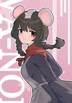 1girl animal animal_ears animal_on_head apron awa_nori black_dress black_hair blush braid brown_eyes chinese_commentary chinese_zodiac closed_mouth commentary_request dress english_text from_side grey_dress highres long_hair long_sleeves looking_at_viewer mouse_ears mouse_girl on_head pink_background ratkin_(rimworld) red_scarf rimworld scarf smile solo twin_braids