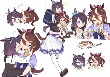 age_difference aged_down alternate_hair_color animal_ears apple apple_rabbit bag blue_eyes bow bowtie brown_hair brown_skirt carrying carrying_person clapping crying ear_ribbon food food_art food_in_mouth fruit grin heart highres jtleeklm kiss kissing_cheek loafers long_hair long_sleeves mary_janes medium_hair mejiro_mcqueen_(umamusume) open_mouth over-kneehighs ponytail purple_bow purple_bowtie purple_eyes purple_hair sailor_collar school_bag school_uniform second-party_source serafuku shirt shoes short_sleeves shoulder_carry simple_background skirt skirt_set smile socks sparkle swept_bangs thighhighs tokai_teio_(umamusume) tracen_school_uniform umamusume white_background white_shirt white_skirt white_socks yuri