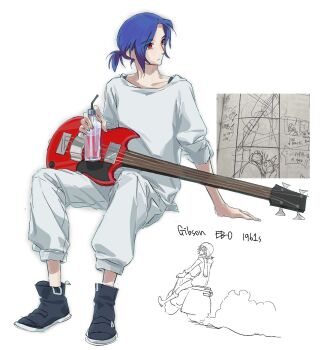 1boy 1girl bass_guitar blue_hair boots bottle commentary_request crossover electric_guitar flcl goggles guitar gundam gundam_gquuuuuux haruhara_haruko hat highres holding holding_bottle instrument jieum motor_vehicle pants ponytail red_eyes scarf scooter shirt short_hair shuji_ito simple_background sitting sketch white_background white_shirt