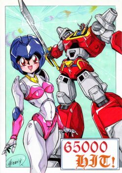 1girl android arukime baikanfu breasts helmet leina_stol machine_robo machine_robo_chronos_no_dai_gyakushuu mecha open_mouth red_eyes robot small_breasts super_robot sword weapon
