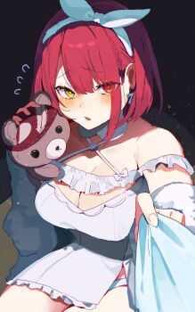 1girl blush breasts bun_(bun_5u) cleavage commentary_request dress hairband highres holding holding_stuffed_toy hololive houshou_marine houshou_marine_(roomwear) large_breasts medium_hair red_eyes red_hair solo stuffed_animal stuffed_toy tears teddy_bear virtual_youtuber white_dress white_hairband yellow_eyes