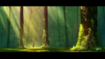 1girl chinese_commentary commentary_request day dress foliage forest from_side grey_dress h_yuusui letterboxed light_rays long_hair nature original outdoors scenery signature solo standing sunbeam sunlight tree white_hair wide_shot