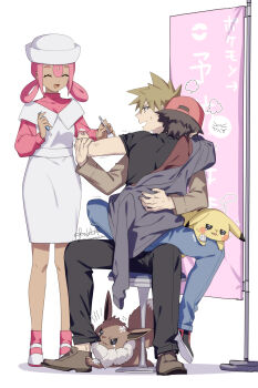 1girl 2boys 88_(einnimnech) :d alternate_costume black_pants black_shirt blue_oak brown_hair closed_eyes commentary_request dress eevee gen_1_pokemon highres jacket joy_(pokemon) knees multiple_boys nintendo open_mouth pants pikachu pink_hair pink_shirt pink_socks pokemon pokemon_(creature) pokemon_legends:_z-a puff_of_air red_(pokemon) shirt shoes short_hair sitting smile socks spiked_hair stool white_dress white_shoes yaoi