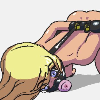 1girl arms_behind_back artificial_vagina bdsm blonde_hair blue_eyes bondage bound cumdump gag highres kichiko_pix novelty_gag original pixel_art restrained sex_toy simple_background top-down_bottom-up