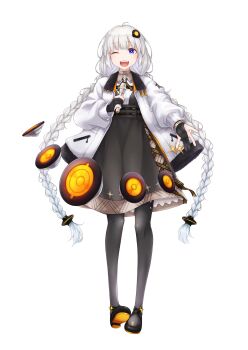 1girl ;d absurdres ahoge armlet ayakura_juu bangle black_dress black_fur black_gloves black_pantyhose black_shoes blue_eyes bracelet braid collared_shirt contrast_collar cross_tie dress floating floating_object full_body fur-trimmed_jacket fur_trim gloves hair_ornament hair_tubes highres holding holding_microphone jacket jewelry kizuna_akari kizuna_akari_(vocaloid6) layered_dress long_hair long_sleeves low_twintails messy_hair microphone multicolored_shoes nail_polish official_art one_eye_closed open_mouth orange_nails orange_shoes outstretched_hand pantyhose partially_fingerless_gloves pinafore_dress pocket puffy_long_sleeves puffy_sleeves second-party_source shirt shirt_under_dress shoes sleeveless sleeveless_dress smile solo sparkle_print speaker standing straight-on teeth transparent_background twin_braids twintails two-sided_fabric two-sided_jacket underbust upper_teeth_only very_long_hair vocaloid white_hair white_jacket white_shirt