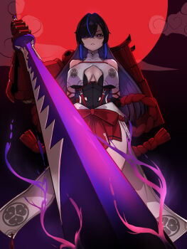 1girl arms_behind_back bare_shoulders bdsm black_hair black_leotard blue_hair bondage bound bound_arms breast_curtains breasts chaos_zero_nightmare chizuru_(chaos_zero_nightmare) cleavage closed_mouth clothing_cutout commentary covered_collarbone cowboy_shot crossed_bangs hair_between_eyes hair_over_one_eye hakama hakama_short_skirt hakama_skirt highres holding holding_sword holding_weapon japanese_clothes large_breasts leotard looking_at_viewer mechanical_arms mole mole_under_eye multicolored_hair nontraditional_miko obi purple_eyes red_hakama restrained sash shaded_face shibari sidelocks single_mechanical_arm skirt solo standing sword weapon yuudaku9598