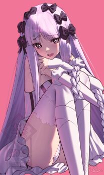 1girl :d absurdres bare_shoulders between_thighs black_bow black_eyes blush bow braid breasts collar commentary_request detached_sleeves dress fate/grand_order fate_(series) francesca_prelati_(fate) frilled_collar frills gradient_background hair_bow highres l4st_resort leotard long_hair looking_at_viewer medium_breasts multiple_hair_bows open_mouth pink_background pink_lips ringed_eyes sitting smile solo striped_clothes striped_dress striped_leotard thigh_focus thighhighs thighs vertical-striped_clothes vertical-striped_dress vertical-striped_leotard very_long_hair white_hair