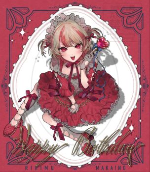 1girl alternate_costume brown_hair character_name clothing_cutout commentary dress ebitabetabe frilled_hairband frills gloves grey_gloves hair_ribbon hairband happy_birthday heart_cutout heart_wand highres holding holding_wand kneehighs looking_at_viewer makaino_ririmu multicolored_hair nijisanji red_background red_dress red_eyes red_hair red_shoes ribbon shoes short_hair smile socks solo sparkle streaked_hair symbol-only_commentary two-tone_hair two_side_up virtual_youtuber wand