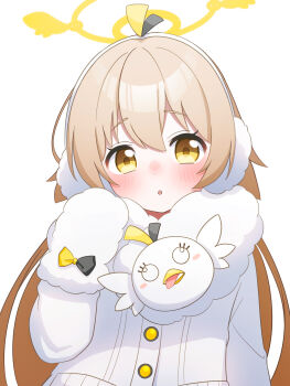 Rule 34 | 1girl, absurdres, alternate costume, blonde hair, blue archive, blush, coat, commentary request, earmuffs, fur-trimmed coat, fur trim, hair between eyes, hair flaps, hifumi (blue archive), highres, long hair, long sleeves, looking at viewer, mittens, open mouth, peroro (blue archive), petako (ptpt k), sidelocks, simple background, solo, upper body, white background, white coat, white mittens, winter clothes, yellow eyes