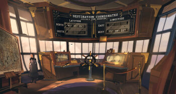 1other aircraft airship ben_lo bioshock bioshock_(series) bioshock_infinite coordinates english_text glass indoors map painterly pedestal radio rug scenery solo stanchion standing steering_wheel vehicle_interior window wooden_desk