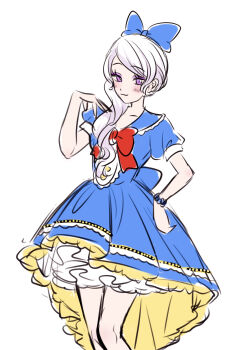 1girl absurdres aoiyuuna_811 bow cosplay daisy_duck disney disneyland donald_duck donald_duck_(cosplay) dress hair_bow highres humanization jewelry looking_at_viewer mickey_mouse_&amp;_friends puffy_sleeves purple_eyes short_sleeves smile solo white_hair