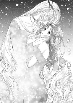 2girls blush breasts collarbone commentary_request dress flower genkai_ol-san_wa_akuyaku_reijou-sama_ni_tsukaetai grabbing_another&#039;s_chin greyscale hand_in_another&#039;s_hair hand_on_another&#039;s_chin highres holding lapis_tenebrae lingerie long_hair monochrome multiple_girls natori_midori negligee nightgown shinonome_neko-tarou underwear yuri