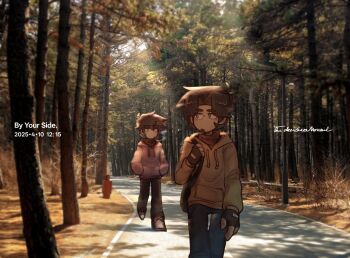 2boys belo_icey black_gloves brown_hair commentary dated denim eddsworld english_commentary english_text fingerless_gloves forest gloves highres hood hood_down hoodie jeans male_focus mixed_media multiple_boys nature outdoors pants patryck_(eddsworld) paul_(eddsworld) photo_background pink_hoodie shoes short_hair thick_eyebrows thick_lineart tree walking yellow_hoodie