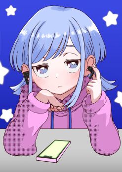 1girl blue_background blue_eyes blue_hair blush bright_pupils cellphone earbuds earphones elbows_on_table frown highres hood hood_down hoodie long_hair looking_at_viewer mizuo_kurage phone purple_hoodie removing_earbuds smartphone solo someone_hertz star_(symbol) upper_body white_pupils zakki_anzu