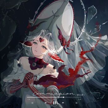 1girl absurdres animal_ears banxintang bare_shoulders black_background blood blood_spray blue_eyes bone bow brooch collar commission cross_hat_ornament detached_collar dress eyelashes flayed_skin forehead_jewel frilled_dress frilled_sleeves frills gem glass_shards gloves hat hat_bow heart-shaped_gem highres interlocked_fingers jewelry light_blush light_particles looking_ahead mitre off-shoulder_dress off_shoulder open_mouth original own_hands_together pause_button praying red_bow red_collar red_gemstone red_gloves short_sleeves solo teeth tombstone upper_body upper_teeth_only veil watermark white_dress white_hat white_veil worried