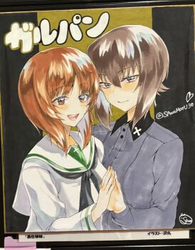 2girls black_collar black_neckerchief blouse blush breasts brown_eyes brown_hair closed_mouth collar commentary_request cross girls_und_panzer grey_shirt heart highres iron_cross kuromorimine_school_uniform large_breasts long_sleeves marker_(medium) multiple_girls neckerchief nishizumi_maho nishizumi_miho ooarai_school_uniform open_mouth sailor_collar sawamaru30 school_uniform serafuku shirt short_hair siblings signature sisters traditional_media twitter_username two-tone_background upper_body white_sailor_collar white_shirt wing_collar