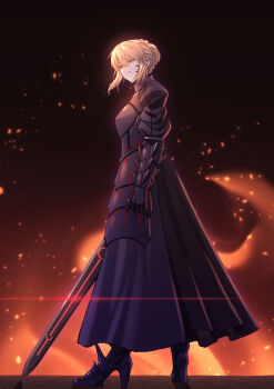 1girl absurdres armor armored_dress artoria_pendragon_(fate) black_dress blonde_hair breasts commentary_request dark_persona dress excalibur_morgan_(fate) fate/grand_order fate/stay_night fate_(series) full_body fuyuki_(fate/grand_order) heaven's_feel highres holding holding_sword holding_weapon ka_ki_o looking_at_viewer saber_alter solo sword weapon yellow_eyes