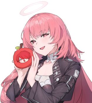 Rule 34 | 2girls, :d, absurdres, apple, arknights, black dress, black jacket, blush stickers, breasts, carrying, carrying person, closed mouth, collarbone, commentary request, dress, exusiai (apple) (arknights), food, fruit, full body, hair between eyes, halo, hands up, highres, holding, holding food, holding fruit, jacket, lemuen (arknights), light blush, long hair, long sleeves, looking at viewer, multiple girls, open mouth, pink eyes, pink hair, pink halo, red hair, shirt, short hair, simple background, small breasts, smile, solo focus, straight hair, takoyaki5221, upper body, v-shaped eyebrows, white background, white shirt