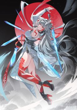 Rule 34 | 1girl, absurdres, animal ear fluff, animal ears, armlet, arms up, black hair, black shoes, bracelet, breasts, china dress, chinese clothes, dress, droopy ears, floating, floating object, floating sword, floating weapon, from side, gradient hair, hairband, hashtag-only commentary, highres, holding, holding sword, holding weapon, jewelry, leg tattoo, long hair, looking at viewer, medium breasts, metal bracelet, moon, multicolored hair, multiple swords, parted lips, pelvic curtain, qingming sword, red eyes, red hair, red moon, reika (reikadraws), see-through horns, shoes, silver armlet, silver bracelet, solo, sword, tail, tattoo, very long hair, weapon, white dress, white hair, white hairband, white tail, ye shunguang, ye shunguang (enlightened state), zenless zone zero