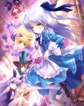 5girls ace_(playing_card) ace_of_hearts alice_(alice_in_wonderland) alice_(alice_in_wonderland)_(cosplay) alice&#039;s_adventures_in_wonderland angel_beats! animal_costume animal_ears animal_hands apron black_dress blonde_hair blue_dress blue_ribbon brown_hair card cat_costume cheshire_cat_(alice_in_wonderland) cheshire_cat_(alice_in_wonderland)_(cosplay) cosplay crown dress fake_animal_ears frilled_apron frills gloves goto_p hair_ribbon hat heart highres hisako_(angel_beats!) irie_miyuki iwasawa_masami long_hair looking_at_viewer mad_hatter_(alice_in_wonderland) mad_hatter_(alice_in_wonderland)_(cosplay) multiple_girls oversized_object paw_gloves paw_shoes playing_card pocket_watch purple_hair queen_of_hearts_(alice_in_wonderland) queen_of_hearts_(alice_in_wonderland)_(cosplay) rabbit_ears red_hair ribbon sekine_shiori short_hair tenshi_(angel_beats!) top_hat watch white_apron white_hair white_rabbit_(alice_in_wonderland) white_rabbit_(alice_in_wonderland)_(cosplay) yellow_eyes