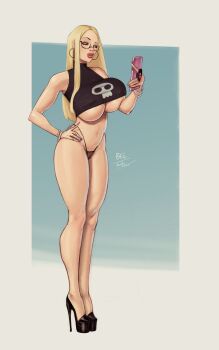 1girl absurdres bel_(belmeatart) black_panties black_shirt black_shoes breasts cellphone crop_top devilhs earrings full_body glasses hand_on_own_hip high_heels highres holding holding_phone hoop_earrings huge_breasts jewelry long_hair navel original panties phone shirt shoes signature sleeveless sleeveless_shirt smartphone solo underboob underwear