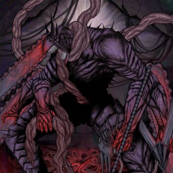 1boy absurdres blood bloody_weapon chainsaw chainsaw_devil chainsaw_man commentary_request cowboy_shot demon extra_arms facing_to_the_side hell_(chainsaw_man) highres horns intestine_clothing intestines no_eyes organs otataru0806 sharp_teeth teeth weapon