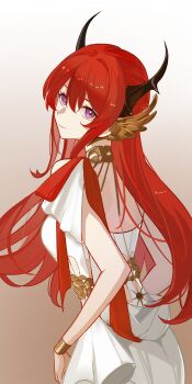 1girl absurdres ambience_synesthesia arknights back_cutout black_horns brown_background closed_mouth clothing_cutout cowboy_shot dress gold gradient_background hair_between_eyes highres horns jiabingkele long_hair looking_at_viewer official_alternate_costume purple_eyes red_hair solo standing surtr_(arknights) white_background white_dress