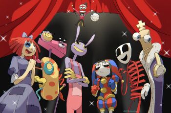 1other 3girls 4boys animal_ears asymmetrical_eyes asymmetrical_gloves banana black_hair blue_gloves blush bubble bubble_(the_amazing_digital_circus) button_eyes buttons caine_(the_amazing_digital_circus) cane chess_piece colored_sclera colored_teeth crossed_arms curtains disembodied_hand doll dress floating food formal_clothes fruit fur-trimmed_robe fur_trim gangle_(the_amazing_digital_circus) gloves green_eyes grey_eyes grin hand_on_own_hip hat heterochromia highres holding holding_cane holding_food jax_(the_amazing_digital_circus) jester jester_cap jester_costume king_(chess) kinger_(the_amazing_digital_circus) mask medium_hair multicolored_clothes multicolored_eyes multiple_boys multiple_girls overalls patchwork_clothes pomni_(the_amazing_digital_circus) puffy_sleeves purple_dress purple_robe rabbit_ears ragatha_(the_amazing_digital_circus) curtains red_gloves red_hair red_ribbon ribbon robe sharp_teeth single_wing smile sonokare suit sweat sweatdrop teeth the_amazing_digital_circus top_hat wings yellow_gloves yellow_sclera yellow_teeth zooble_(the_amazing_digital_circus)