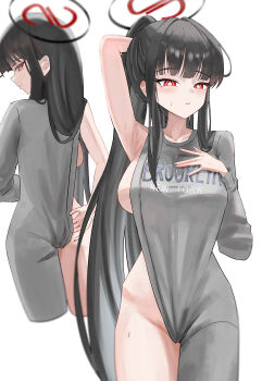 1girl absurdres ass black_hair black_halo blue_archive breasts clothing_request commentary_request gang_ryeol halo highres large_breasts long_hair multiple_views ponytail red_eyes rio_(blue_archive) sideboob simple_background thighs very_long_hair white_background