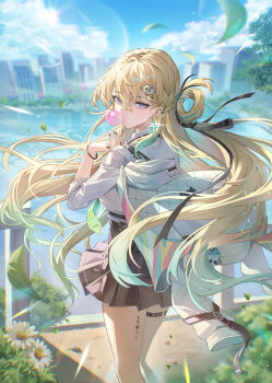 1girl absurdres aqua_hair aqua_streaks black_nails blonde_hair blowing_bubble_gum blue_sky bracelet braid braided_bangs breasts building chewing_gum commentary day earrings falling_leaves floating_hair flower from_behind green_necktie greenapple gyaru hair_between_eyes hair_ornament hair_rings hand_up highres holding_strap jacket jewelry leaf lens_flare light_particles long_hair looking_at_viewer looking_back lynae_(wuthering_waves) miniskirt multicolored_hair nail_polish necktie outdoors pleated_skirt purple_eyes revision ring school_uniform shirt single_hair_ring skirt skull_hair_ornament sky solo standing star_(symbol) star_earrings strap streaked_hair tacet_mark_(wuthering_waves) thigh_strap thighs turning_head very_long_hair water white_flower white_jacket white_shirt wind wuthering_waves