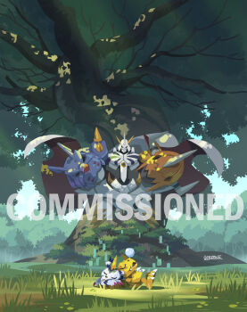 Rule 34 | absurdres, agumon, artist name, cape, commission, crossed legs, digimon, digimon (creature), evolutionary line, forest, full body, gabumon, gero rivera, highres, horns, lizard, mecha, meditation, nature, omegamon, on grass, red cape, robot, single horn, sitting, sleeping, tree, two-sided cape, two-sided fabric, white cape