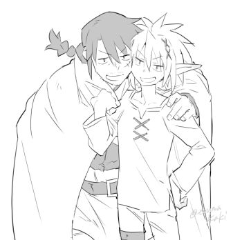 2boys belt braid cloak commentary_request dasshu_(dashi_now) facial_hair greyscale grin hand_on_another&#039;s_shoulder ishuzoku_reviewers long_sleeves male_focus monochrome multiple_boys mustache_stubble pants pointy_ears scar scar_on_face shirt short_hair signature simple_background smile sparse_stubble stubble stunk white_background zel_(ishuzoku_reviewers)