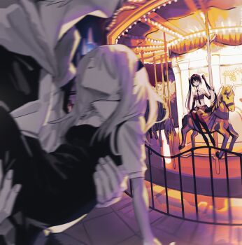 1boy 2girls bandeau blurry carousel carrying commentary_request detached_collar detached_sleeves dress fence hair_over_eyes hatsune_miku highres hood hoodie jacket_over_hoodie long_hair mary_to_yuuenchi_(vocaloid) multiple_girls necktie princess_carry sepia sitting soyaka textless_version thighhighs twintails very_long_hair vocaloid