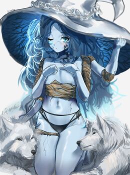 1girl bikini bikini_bottom_only black_bikini blue_eyes blue_skin chaynuy closed_mouth colored_skin dot_mouth elden_ring extra_arms extra_faces flat_chest hands_on_own_chest hat highres long_hair looking_at_viewer navel one_eye_closed ranni_the_witch simple_background solo swimsuit topless_female white_background white_hat wolf
