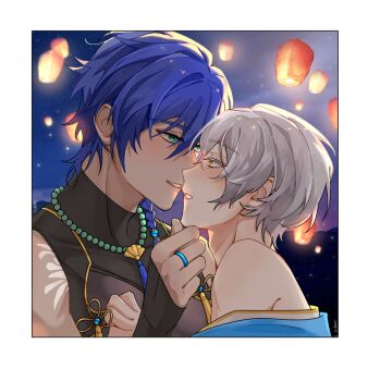 2boys anli_(noctilucent) aqua_eyes aqua_kimono atang_biancheng_xiaohaimole bare_shoulders bead_necklace beads black_arm_warmers black_shirt blue_hair blush border braid chinese_commentary colored_eyelashes commentary_request compression_shirt dark-skinned_male dark_skin delos_(noctilucent) flower_knot from_side grey_hair hair_between_eyes half-closed_eyes hand_on_another&#039;s_chest hand_on_another&#039;s_chin imminent_kiss japanese_clothes jewelry kimono lantern male_focus multiple_boys neck_tassel necklace night noctilucent:_before_dawn off_shoulder official_alternate_costume outdoors paper_lantern parted_lips portrait profile ring shell shell_necklace shirt short_hair shoulder_tattoo side_braid sky_lantern sleeveless sleeveless_shirt smile tassel tattoo tearing_up teeth turtleneck turtleneck_shirt upper_teeth_only white_border white_eyelashes yaoi yellow_eyes