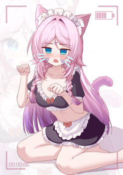 Rule 34 | 1girl, absurdres, alternate costume, animal ear fluff, animal ears, apron, black skirt, blue eyes, blush, bow, braid, breasts, cat ears, cat tail, citlali (genshin impact), cleavage, collarbone, commentary, crop top, drawn whiskers, enmaided, facial mark, foot out of frame, forehead mark, frilled apron, frilled hairband, frills, genshin impact, gradient hair, hairband, hands up, highres, kemonomimi mode, large variant set, long hair, looking at viewer, maid, maid headdress, medium breasts, multicolored hair, navel, open mouth, paw pose, pink hair, purple hair, purple tail, red bow, sitting, skirt, stomach, tail, triangle, triangle facial mark, twin braids, variant set, very long hair, waist apron, white apron, white background, white hairband, yaoli (ysxbd), zoom layer