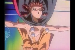 1990s_(style) 1girl animated blue_light bouncing_breasts breasts brown_hair cape closed_eyes dragon enoki_kochou indoors moaning retro_artstyle sound summoning suspenders tagme video yakusai_kochou