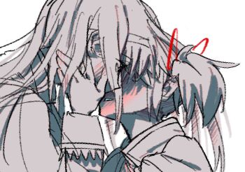 2girls akemi_homura avanes_d blush commentary english_commentary greyscale hair_ribbon hairband hand_on_another's_face highres imminent_kiss kaname_madoka mahou_shoujo_madoka_magica mitakihara_school_uniform monochrome multiple_girls parted_lips red_ribbon ribbon school_uniform short_twintails spot_color twintails yuri