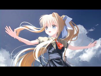 Rule 34 | 1girl, air (visual novel), ascot, back ribbon, black dress, black ribbon, blonde hair, blue eyes, blue sky, cloud, commentary, cross, dress, enden nix, hair ribbon, highres, kamio misuzu, letterboxed, long hair, long sidelocks, open hands, open mouth, outdoors, outstretched arms, ponytail, puffy short sleeves, puffy sleeves, red ascot, ribbon, school uniform, shirt, short sleeves, sidelocks, single hair intake, sky, smile, solo, spread arms, turning head, upper body, very long hair, white ribbon, white shirt