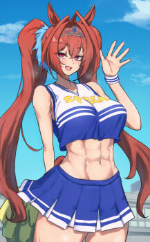 1girl abs animal_ears antenna_hair bare_shoulders blue_shirt blue_skirt blue_sky blush breasts brown_hair cheerleader crop_top daiwa_scarlet_(umamusume) day hair_intakes hair_ornament hand_up harakomeshi highres holding holding_pom_poms horse_ears horse_girl horse_tail large_breasts long_hair looking_at_viewer midriff muscular muscular_female navel open_mouth outdoors pom_pom_(cheerleading) pom_poms red_eyes shirt skirt sky sleeveless sleeveless_shirt smile solo stomach sweat tail thighs tiara toned twintails umamusume very_long_hair