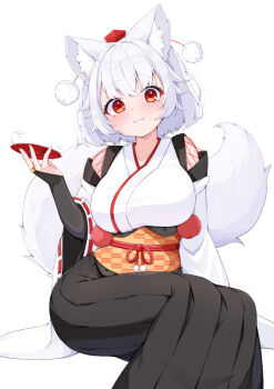 1girl :3 animal_ear_fluff animal_ears black_bridal_gauntlets black_hakama blush breasts bridal_gauntlets closed_mouth commentary cup fang fang_out feet_out_of_frame hair_intakes hakama hakama_skirt hat holding holding_cup inubashiri_momiji japanese_clothes kimono large_breasts long_sleeves looking_at_viewer obi obijime pom_pom_(clothes) red_eyes red_hat rururiaru sakazuki sash short_hair simple_background sitting skin_fang skirt smile solo tail tokin_hat touhou white_background white_hair white_kimono wide_sleeves wolf_ears wolf_girl wolf_tail yagasuri yellow_sash
