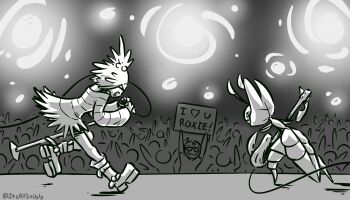 1boy 1girl audience ben_saint boots concert electric_guitar gen_5_pokemon greyscale guitar hair_bobbles hair_ornament heart highres instrument leavanny microphone monochrome music nintendo open_mouth pokemon pokemon_(creature) pokemon_bw2 roxie_(pokemon) shirt sign singing smile spotlight stage striped_clothes striped_shirt text_focus topknot twitter_username