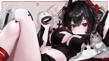 1girl absurdres ahoge animal_ears arm_up bbeedol black_hair black_shirt black_shorts breasts cat cleavage cleavage_cutout closed_mouth clothing_cutout commentary crop_top crossed_legs eyeshadow facial_mark fake_animal_ears hand_up highres holding large_breasts legs_up long_hair looking_at_viewer lying makeup micro_shorts midriff mole mole_under_eye navel on_back open_fly original pointy_ears red_eyes shirt short_sleeves shorts sideboob_cutout smile solo stomach symbol-only_commentary thighs wide_sleeves