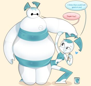 1boy 1girl aqua_hair aqua_shirt aqua_skirt baymax big_hero_6 bodypaint breasts colored_skin cosplay crop_top crossover english_text heart highres holding holding_paintbrush jenny_wakeman jenny_wakeman_(cosplay) joints midriff my_life_as_a_teenage_robot narrow_waist navel newboyant paintbrush painting_(action) robot_joints shirt short_twintails skindentation skirt sleeveless sleeveless_shirt small_breasts smile strapless tube_top twintails white_skin yellow_background