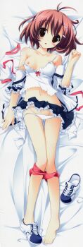 1girl :o absurdres antenna_hair bare_shoulders barefoot black_skirt breasts buruma clothes_pull collarbone dakimakura_(medium) hair_ornament hairclip hand_up hattori_aya highres koiiro_soramoyou lingerie lucie lying nipples on_back panties pants pants_pull panty_pull pink_buruma pink_hair pink_ribbon red_eyes ribbon school_uniform shirt shoes short_hair skirt solo stomach underwear white_shirt