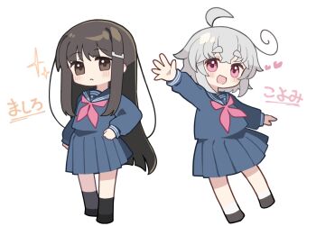 Rule 34 | 2girls, :d, ahoge, arm up, black shoes, black socks, blue sailor collar, blue serafuku, blue shirt, blue skirt, blush, brown eyes, brown hair, brown shoes, character name, chibi, chibi only, closed mouth, commentary, crossed bangs, full body, grey hair, kibisake, long hair, long sleeves, looking at viewer, multiple girls, open mouth, original, pink eyes, pleated skirt, sailor collar, school uniform, serafuku, shirt, shoes, short hair, sidelocks, simple background, skirt, smile, socks, standing, translated, white background, white socks